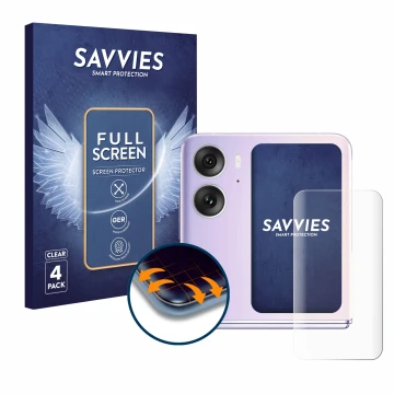 Vorderseite einer Produktverpackung mit dem Markenlogo Savvies. Daneben ist das Gerät Oppo Find N2 Flip (Hinteres Display) mit