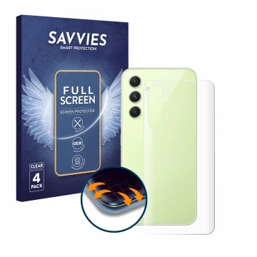 Vorderseite einer Produktverpackung mit dem Markenlogo Savvies. Daneben ist das Gerät Samsung Galaxy A54 5G (Rückseite) mit de