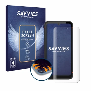 Vorderseite einer Produktverpackung mit dem Markenlogo Savvies. Daneben ist das Gerät Gigaset GX4 mit dem zugehörigen Displays