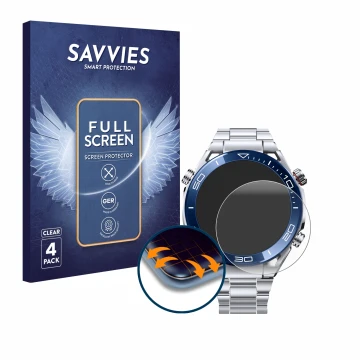 Vorderseite einer Produktverpackung mit dem Markenlogo Savvies. Daneben ist das Gerät Huawei Watch Ultimate (48.5 mm) mit dem 