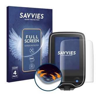 Vorderseite einer Produktverpackung mit dem Markenlogo Savvies. Daneben ist das Gerät Freestyle Libre 3 mit dem zugehörigen Di
