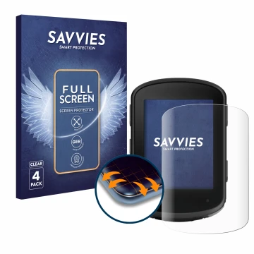Vorderseite einer Produktverpackung mit dem Markenlogo Savvies. Daneben ist das Gerät Garmin Edge 540 mit dem zugehörigen Disp