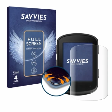 Vorderseite einer Produktverpackung mit dem Markenlogo Savvies. Daneben ist das Gerät Garmin Edge 840 mit dem zugehörigen Disp