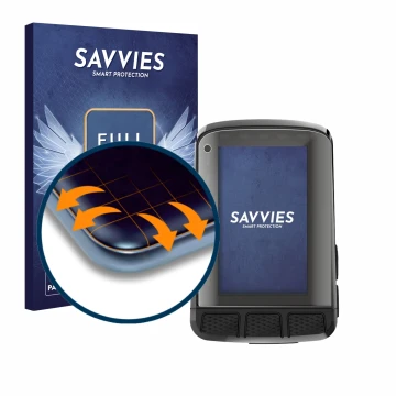 Vorderseite einer Produktverpackung mit dem Markenlogo Savvies. Daneben ist das Gerät Wahoo Elemnt Roam 2 mit dem zugehörigen 