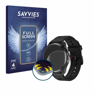 Vorderseite einer Produktverpackung mit dem Markenlogo Savvies. Daneben ist das Gerät Mobvoi TicWatch Pro 5 mit dem zugehörige