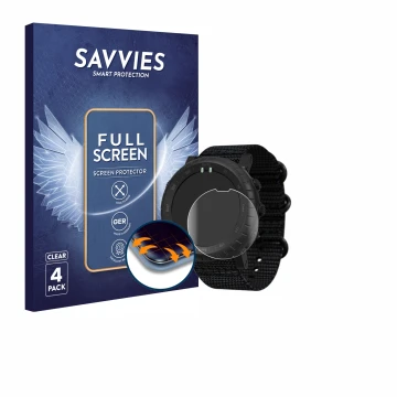 Vorderseite einer Produktverpackung mit dem Markenlogo Savvies. Daneben ist das Gerät Suunto Core Alpha mit dem zugehörigen Di
