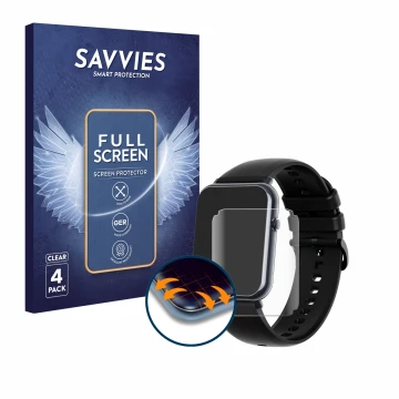 Vorderseite einer Produktverpackung mit dem Markenlogo Savvies. Daneben ist das Gerät Mutoy Smartwatch 1.69