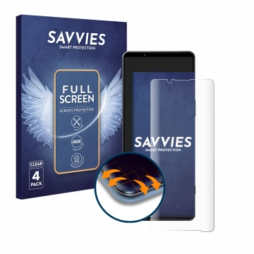 Vorderseite einer Produktverpackung mit dem Markenlogo Savvies. Daneben ist das Gerät Sony Xperia 1 V mit dem zugehörigen Disp