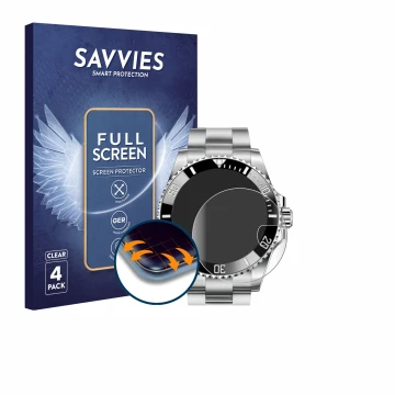 Vorderseite einer Produktverpackung mit dem Markenlogo Savvies. Daneben ist das Gerät Rolex Submariner 16610 (Date) mit dem zu