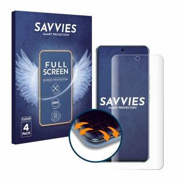 Vorderseite einer Produktverpackung mit dem Markenlogo Savvies. Daneben ist das Gerät Honor 90 mit dem zugehörigen Displayschu