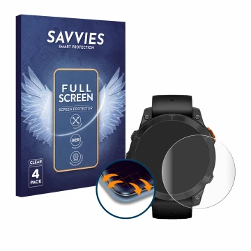 Vorderseite einer Produktverpackung mit dem Markenlogo Savvies. Daneben ist das Gerät Garmin Fenix 7 Pro Solar (47 mm) mit dem