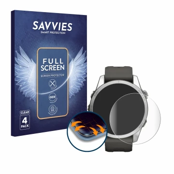 Vorderseite einer Produktverpackung mit dem Markenlogo Savvies. Daneben ist das Gerät Garmin Fenix 7S Pro Solar (42 mm) mit de