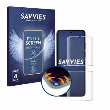 Vorderseite einer Produktverpackung mit dem Markenlogo Savvies. Daneben ist das Gerät Motorola Razr 40 Ultra mit dem zugehörig