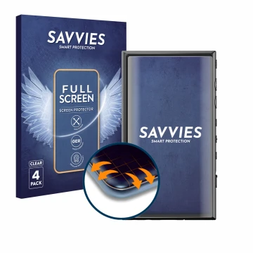 Vorderseite einer Produktverpackung mit dem Markenlogo Savvies. Daneben ist das Gerät Sony Walkman NW-A306 mit dem zugehörigen