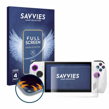 Vorderseite einer Produktverpackung mit dem Markenlogo Savvies. Daneben ist das Gerät ASUS ROG Ally (2023) RC71L mit dem zugeh