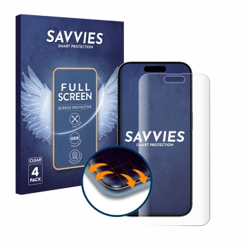Vorderseite einer Produktverpackung mit dem Markenlogo Savvies. Daneben ist das Gerät Apple iPhone 15 Plus mit dem zugehörigen