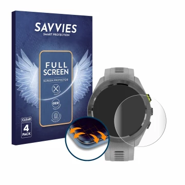 Vorderseite einer Produktverpackung mit dem Markenlogo Savvies. Daneben ist das Gerät Garmin Approach S70 (42 mm) mit dem zuge