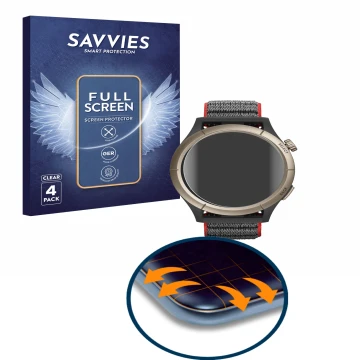 Vorderseite einer Produktverpackung mit dem Markenlogo Savvies. Daneben ist das Gerät Huami Amazfit Cheetah Pro mit dem zugehö