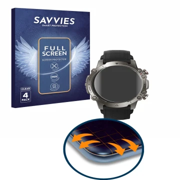 Vorderseite einer Produktverpackung mit dem Markenlogo Savvies. Daneben ist das Gerät Huami Amazfit Falcon mit dem zugehörigen