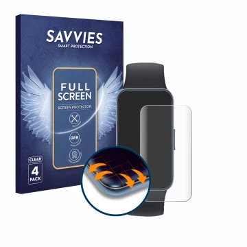 Vorderseite einer Produktverpackung mit dem Markenlogo Savvies. Daneben ist das Gerät Huawei Band 8 mit dem zugehörigen Displa