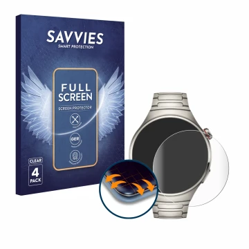 Vorderseite einer Produktverpackung mit dem Markenlogo Savvies. Daneben ist das Gerät Huawei Watch 4 Pro mit dem zugehörigen D