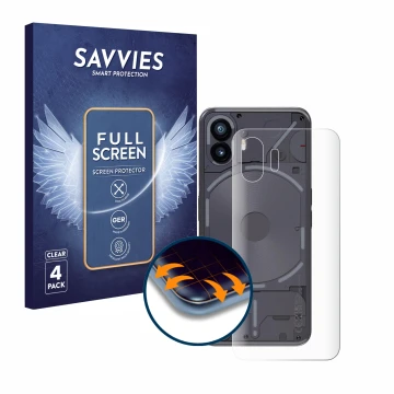 Vorderseite einer Produktverpackung mit dem Markenlogo Savvies. Daneben ist das Gerät Nothing Phone (2) (Rückseite) mit dem zu