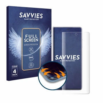 Vorderseite einer Produktverpackung mit dem Markenlogo Savvies. Daneben ist das Gerät Honor Magic V2 mit dem zugehörigen Displ