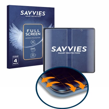 Vorderseite einer Produktverpackung mit dem Markenlogo Savvies. Daneben ist das Gerät Honor Magic V2 (Inneres Display) mit dem