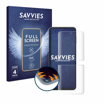 Vorderseite einer Produktverpackung mit dem Markenlogo Savvies. Daneben ist das Gerät Samsung Galaxy Z Flip 5 mit dem zugehöri