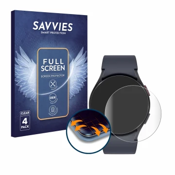 Vorderseite einer Produktverpackung mit dem Markenlogo Savvies. Daneben ist das Gerät Samsung Galaxy Watch 6 (40 mm) mit dem z