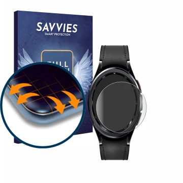 Vorderseite einer Produktverpackung mit dem Markenlogo Savvies. Daneben ist das Gerät Samsung Galaxy Watch 6 Classic (43 mm) m