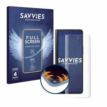 Vorderseite einer Produktverpackung mit dem Markenlogo Savvies. Daneben ist das Gerät Samsung Galaxy Z Fold 5 mit dem zugehöri