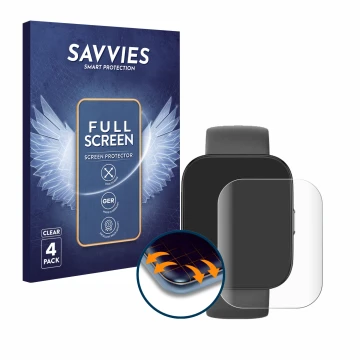 Vorderseite einer Produktverpackung mit dem Markenlogo Savvies. Daneben ist das Gerät Huami Amazfit Bip 5 mit dem zugehörigen 