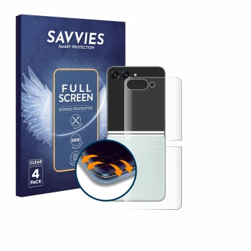 Vorderseite einer Produktverpackung mit dem Markenlogo Savvies. Daneben ist das Gerät Samsung Galaxy Z Flip 5 (Rückseite) mit 