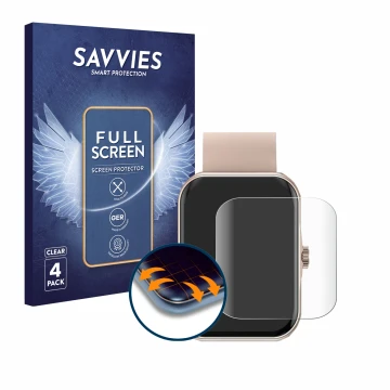 Vorderseite einer Produktverpackung mit dem Markenlogo Savvies. Daneben ist das Gerät Mutoy Smartwatch 1.83