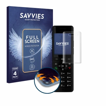 Vorderseite einer Produktverpackung mit dem Markenlogo Savvies. Daneben ist das Gerät AVM Fritz!Fon X6 Black mit dem zugehörig
