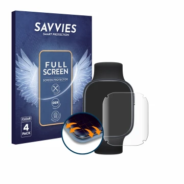 Vorderseite einer Produktverpackung mit dem Markenlogo Savvies. Daneben ist das Gerät Honor Watch 4 mit dem zugehörigen Displa