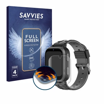 Vorderseite einer Produktverpackung mit dem Markenlogo Savvies. Daneben ist das Gerät Beafon Kids Watch SW2 mit dem zugehörige