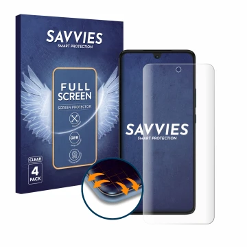 Vorderseite einer Produktverpackung mit dem Markenlogo Savvies. Daneben ist das Gerät Motorola Moto G84 mit dem zugehörigen Di