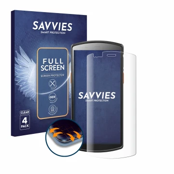 Vorderseite einer Produktverpackung mit dem Markenlogo Savvies. Daneben ist das Gerät Urovo DT50 5,7