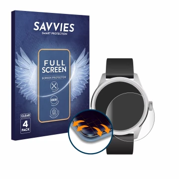 Vorderseite einer Produktverpackung mit dem Markenlogo Savvies. Daneben ist das Gerät Withings ScanWatch 2 (42 mm) mit dem zug
