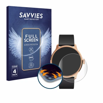 Vorderseite einer Produktverpackung mit dem Markenlogo Savvies. Daneben ist das Gerät Withings ScanWatch Light mit dem zugehör
