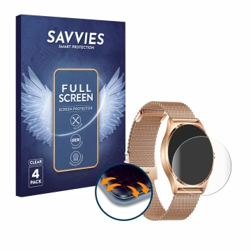 Vorderseite einer Produktverpackung mit dem Markenlogo Savvies. Daneben ist das Gerät Xcoast X-Watch Joli XC Pro mit dem zugeh