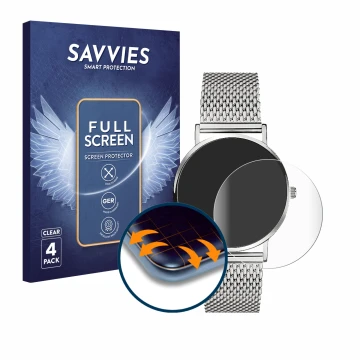 Vorderseite einer Produktverpackung mit dem Markenlogo Savvies. Daneben ist das Gerät Liebeskind New Case Mesh (34 mm) mit dem