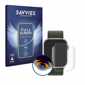 Vorderseite einer Produktverpackung mit dem Markenlogo Savvies. Daneben ist das Gerät Apple Watch Series 9 (45 mm) mit dem zug