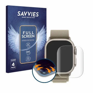 Vorderseite einer Produktverpackung mit dem Markenlogo Savvies. Daneben ist das Gerät Apple Watch Ultra 2 (49 mm) mit dem zuge