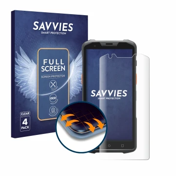 Vorderseite einer Produktverpackung mit dem Markenlogo Savvies. Daneben ist das Gerät Sunmi L2H mit dem zugehörigen Displaysch