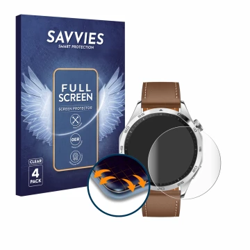 Vorderseite einer Produktverpackung mit dem Markenlogo Savvies. Daneben ist das Gerät Huawei Watch GT 4 (46mm) mit dem zugehör