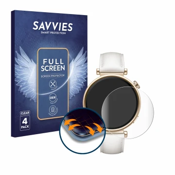 Vorderseite einer Produktverpackung mit dem Markenlogo Savvies. Daneben ist das Gerät Huawei Watch GT 4 (41mm) mit dem zugehör