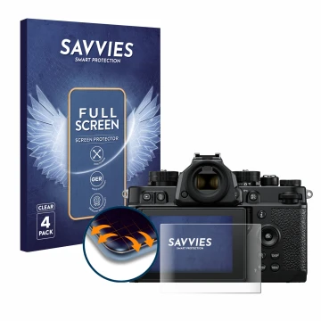 Vorderseite einer Produktverpackung mit dem Markenlogo Savvies. Daneben ist das Gerät Nikon Z F mit dem zugehörigen Displaysch
